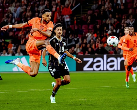 Cody Gakpo scores the Netherlands’ equaliser against Germany in the Nations League.