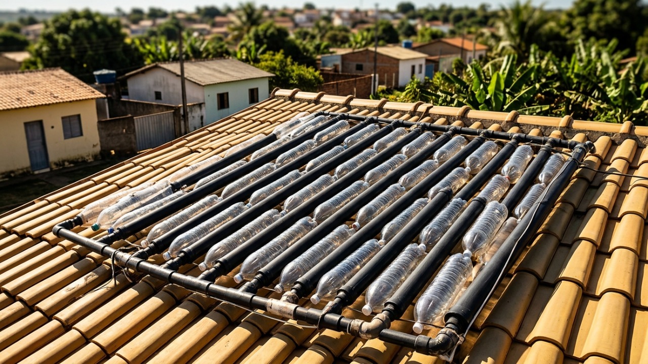 O aquecedor solar de garrafa PET e forro de PVC preto no telhado que eleva a água da caixa em até 15 graus: são necessários 20 garrafas para cada morador, o cano precisa de caimento de 2 centímetros por metro, e o banho mais quente derruba o gasto do chuveiro elétrico