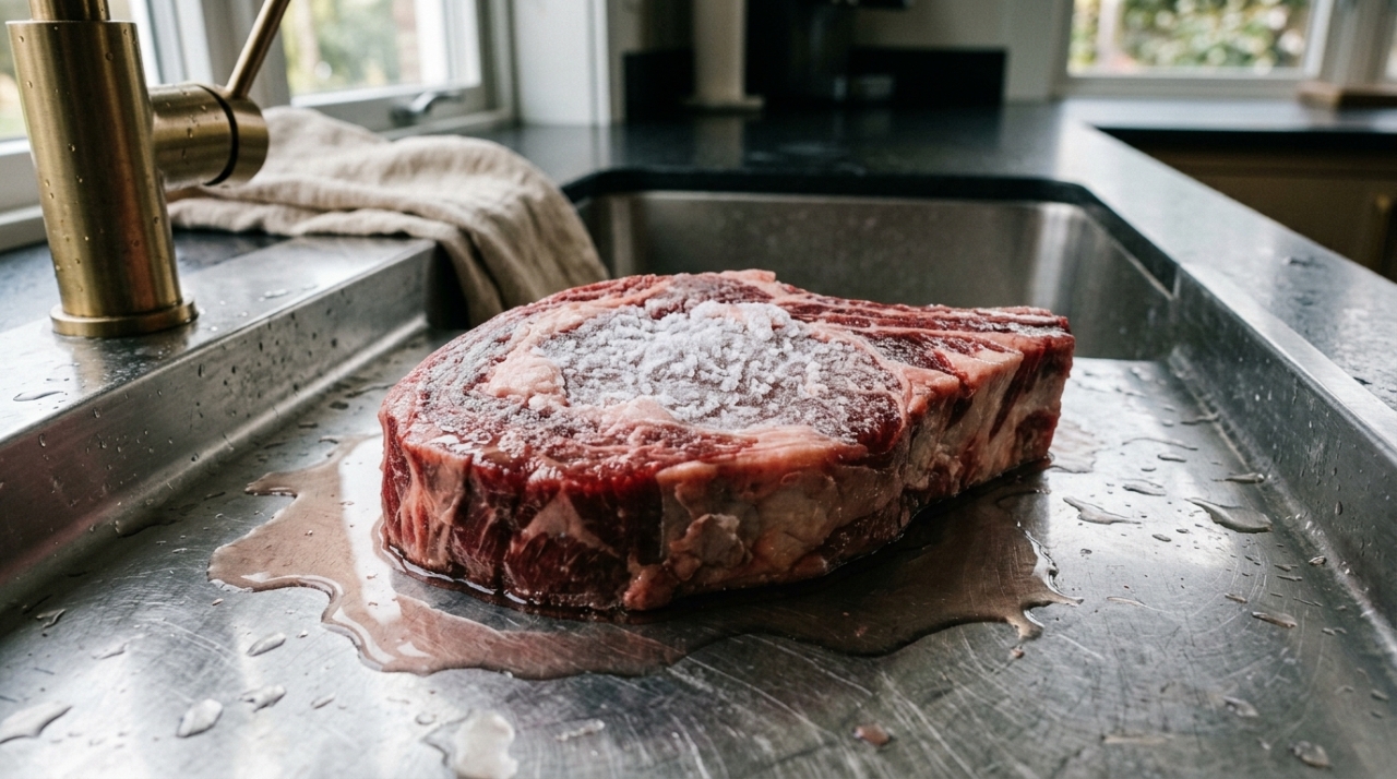 Descongelar carne na pia deixa a superfície entre 5 e 60 graus por horas, faixa em que a bactéria dobra a cada 20 minutos, e existem três métodos aceitos que nenhum manual de cozinha popular ensina