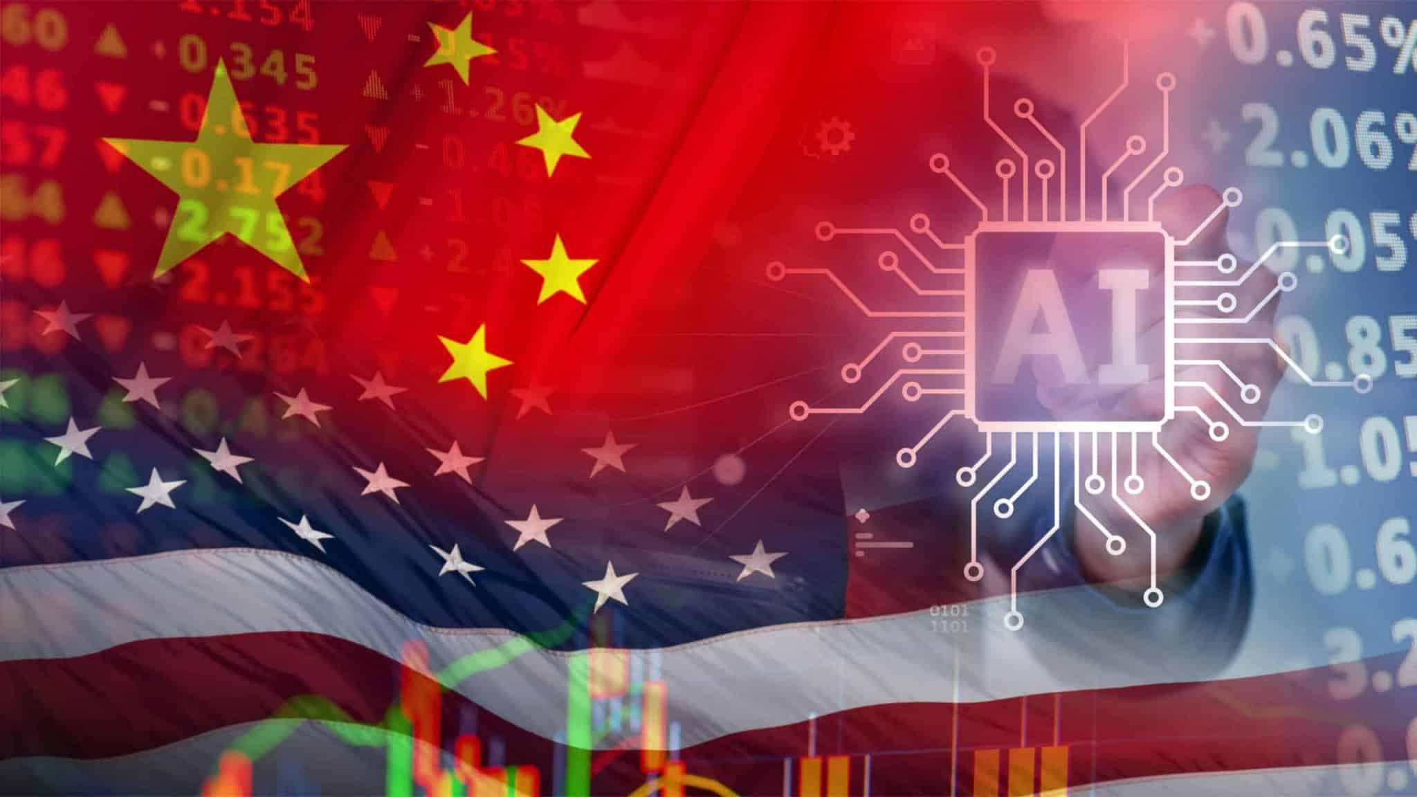 Ilustração sobre a corrida entre China e Estados Unidos no setor da inteligência artificial (IA)