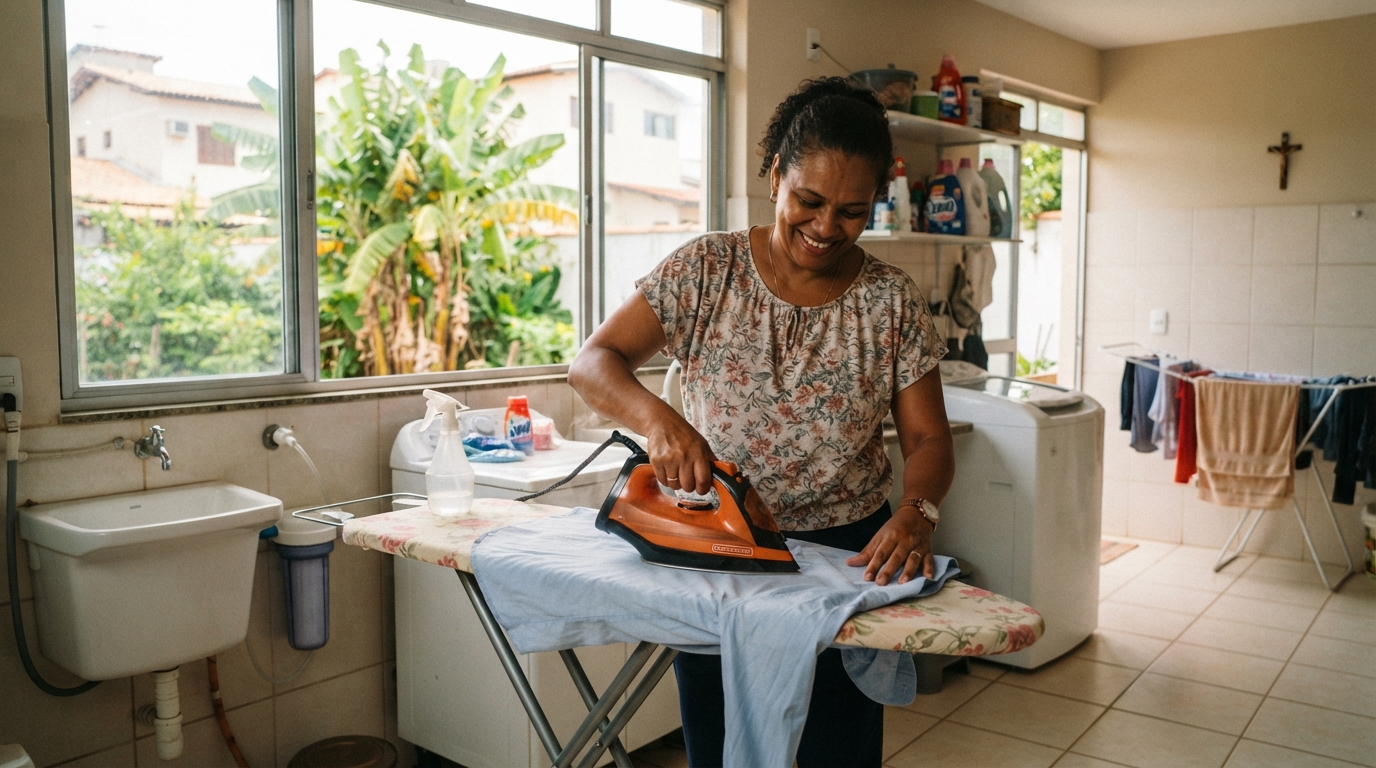 O ferro de passar roupas ligado 15 minutos por dia para desamassar uma única camisa gasta o equivalente a manter o roteador wi-fi ligado ininterruptamente no mês todo e acumular as roupas para passar de uma só vez economiza energia ao aproveitar a inércia térmica da resistência