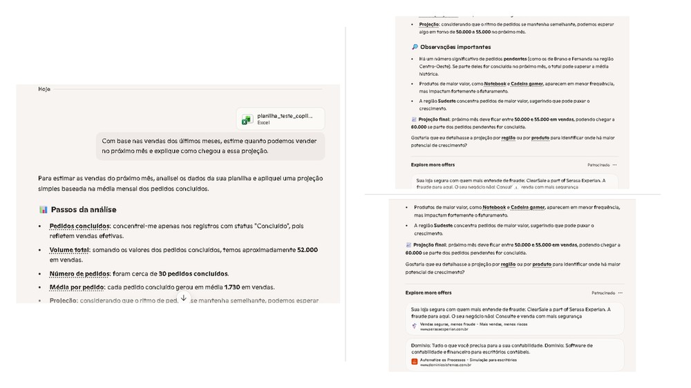 Na projeção para o mês seguinte, o Copilot apresentou uma estimativa bem acima do histórico real da planilha e se baseou em números incorretos — Foto: Reprodução/Copilot