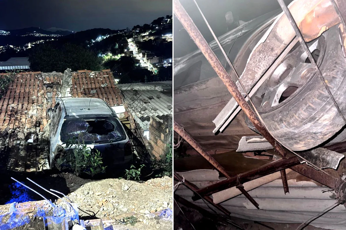 Carro bate em muro e fica "pendurado" sobre telhado de casa em BH