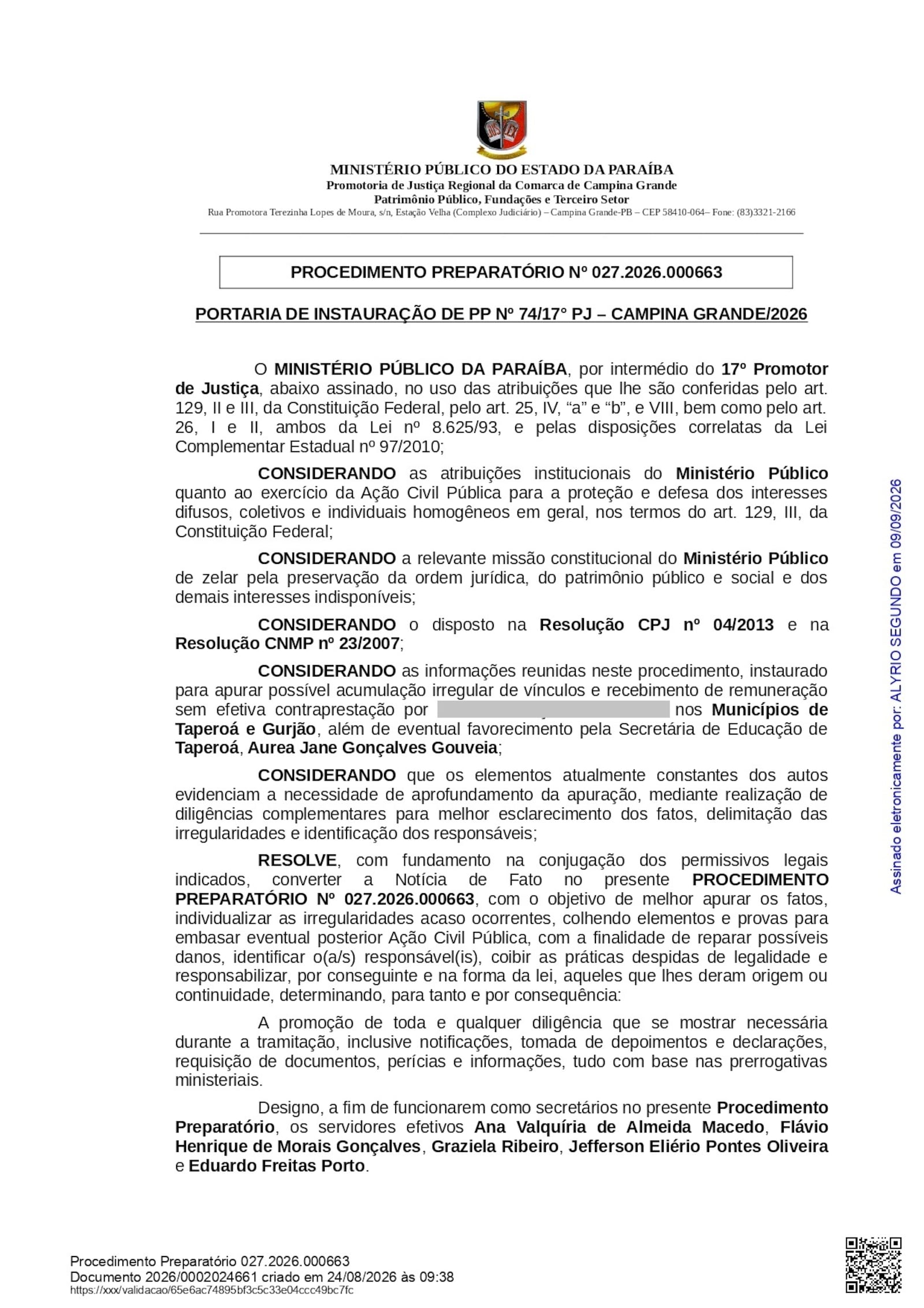 Imagem da matéria: MP investiga acúmulo de cargos e favorecimento à servidora em prefeituras da Paraíba