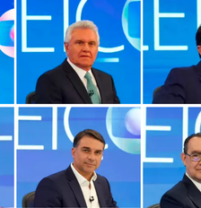 Romeu Zema (Novo), Ronaldo Caiado (PSD), Renan Santos (Missão), Lula (PT), Flávio Bolsonaro (PL) e Augusto Cury (Avante), candidatos à Presidência da República Foto: Reprodução/TV Globo