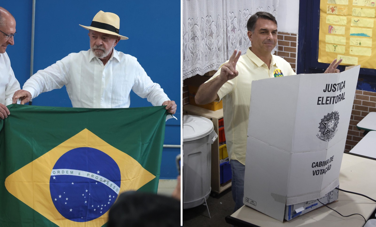 O presidente Luiz Inácio Lula da Silva, candidato à reeleição pelo Partido dos Trabalhadores (PT), votando em São Bernardo do Campo e e Flavio Bolsonaro no Rio — Foto: Maria Isabel Oliveira e Guito Moreto