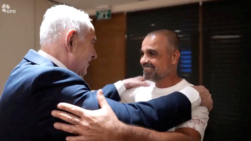 Israeli Prime Minister Benjamin Netanyahu meets Yaniv Hayun, a passenger on the diverted flydubai plane. Reuters