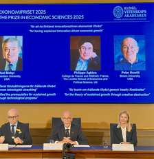 O Prêmio Nobel de Economia de 2025 foi para Joel Mokyr, Philippe Aghion e Peter Howitt Foto: Getty Images