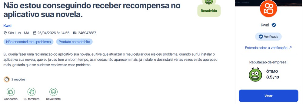 As reclamações sobre o Sua Novela aparecem cadastradas dentro do perfil do Kwai no Reclame Aqui — Foto: Reprodução/Reclame Aqui