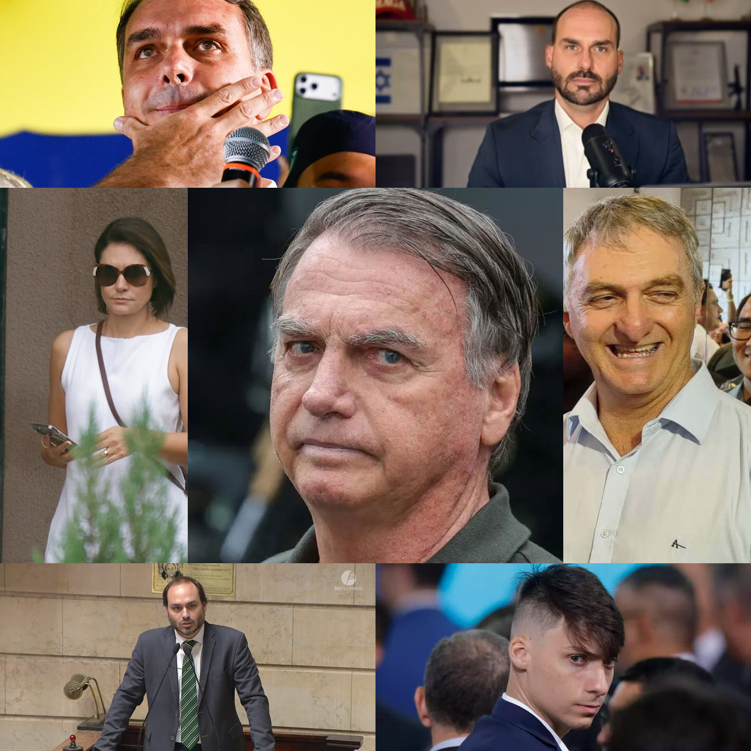 Fam&iacute;lia Bolsonaro. De cima e &agrave; esquerda em diante: Fl&aacute;vio, Eduardo, Michelle, Jair, Renato, Carlos e Jair Renan